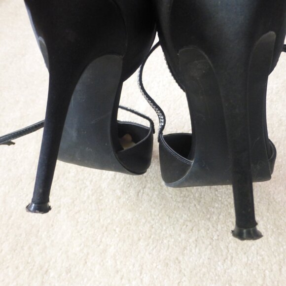 LE CHATEAU black satin pumps with skinny straps and clear rhinestones - Picture 10 of 11